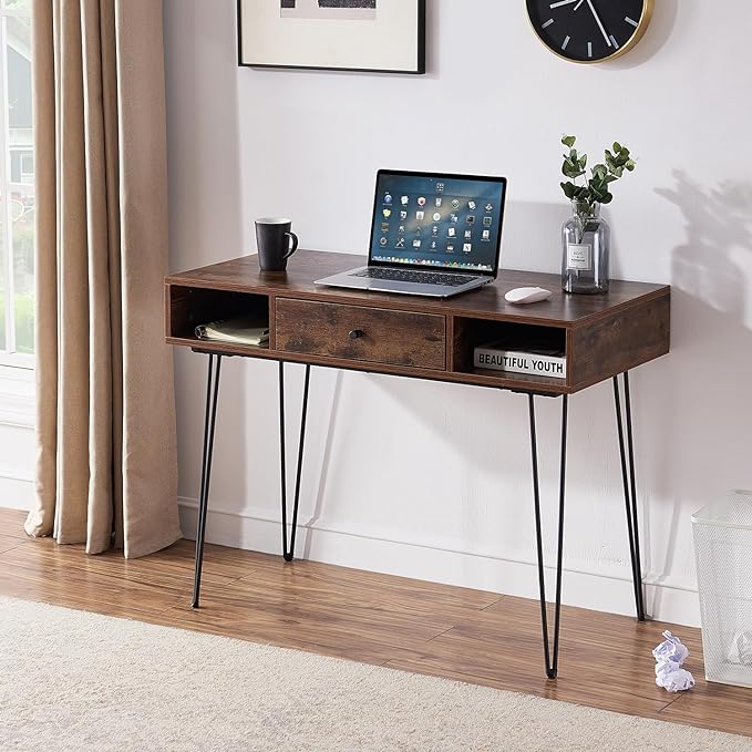 VECELO 39.3" Home Office Work Table with Drawers Computer Desk Writing/Study, 39 Inch Hairpin Legs, Retro Brown - LeafyLoom
