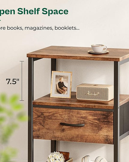 Night Stand with Fabric Drawer, Side Table with Mesh Shelf, Bedroom Nightstand, Fabric Drawer Dresser, Open Shelf, Metal Frame, Couch Side, Rustic Brown - LeafyLoom