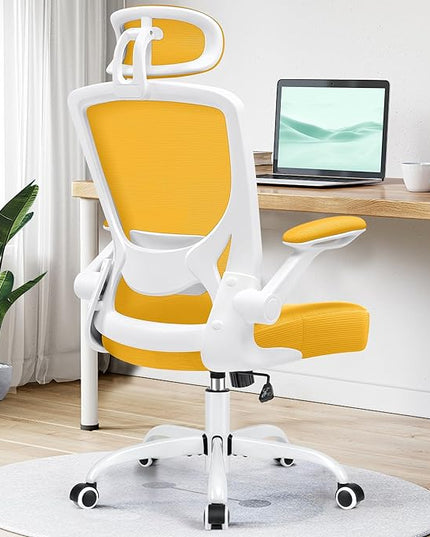 KERDOM Ergonomic Office Chair, Breathable Mesh Desk Chair, Lumbar Support Computer Chair with Headrest and Flip-up Arms, Swivel Task Chair, Adjustable Height Gaming Chair, Yellow - LeafyLoom