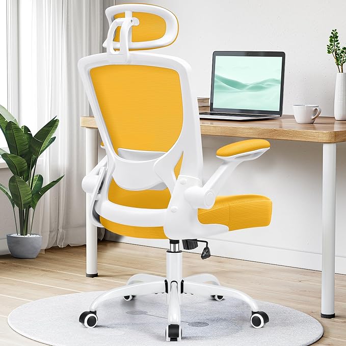 KERDOM Ergonomic Office Chair, Breathable Mesh Desk Chair, Lumbar Support Computer Chair with Headrest and Flip-up Arms, Swivel Task Chair, Adjustable Height Gaming Chair, Yellow - LeafyLoom