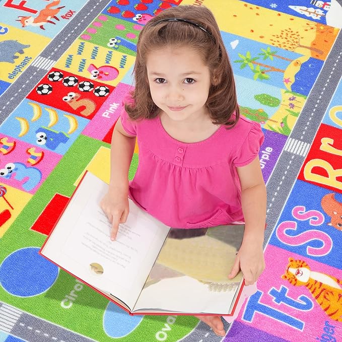 HOMORE Kids Educational Rug, Kids Collection Area Rug for Learning Alphabet, Numbers, Colors, Season and Animal Words, Playmat for Classroom Playroom, 4x6 Feet - LeafyLoom