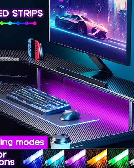 ODK L Shaped Gaming Desk with LED Lights & Power Outlets, 51" Computer Desk with Full Monitor Stand, Corner Desk with Cup Holder, Gaming Table with Hooks, Black Carbon Fiber - LeafyLoom