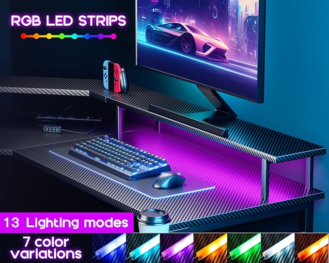 ODK L Shaped Gaming Desk with LED Lights & Power Outlets, 51" Computer Desk with Full Monitor Stand, Corner Desk with Cup Holder, Gaming Table with Hooks, Black Carbon Fiber - LeafyLoom