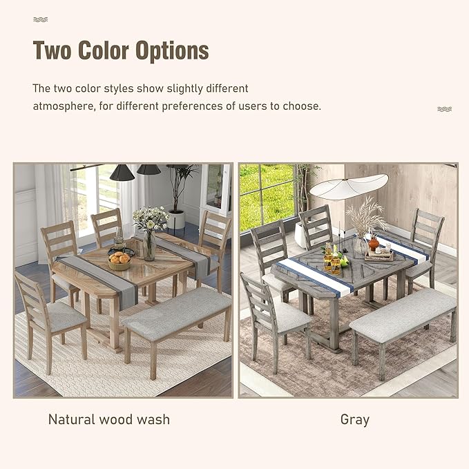6-Piece Rubber Wood Dining Table Set with Beautiful Grain Pattern Tabletop Solid Wooden Veneer and Soft Cushion Chairs, for Kitchen, Diningroom, Living Room, Home Bar, Natural+Grey - LeafyLoom