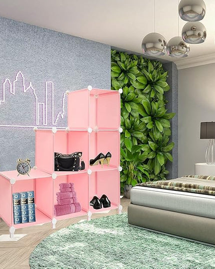 Gold Armour Cube Storage 6-Cube Bookshelf Closet Organizer Storage Shelves Shelf Cubes Organizer Plastic Square Book Shelf Bookcase DIY Closet Cabinet Organizer Shelving for Home Office Bedroom (Pink) - LeafyLoom