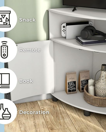 Berg Modern 31-inch 16 Colors LED Corner Cabinet with Doors and 2 Shelves, USB Charge Cord, Small TV Stand for Living Room, Home Office, White Pure - LeafyLoom