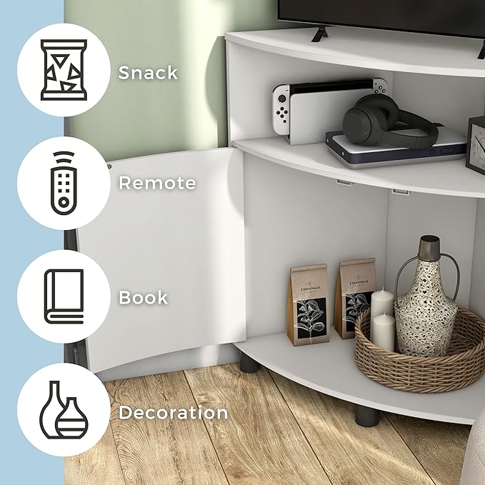 Berg Modern 31-inch 16 Colors LED Corner Cabinet with Doors and 2 Shelves, USB Charge Cord, Small TV Stand for Living Room, Home Office, White Pure - LeafyLoom