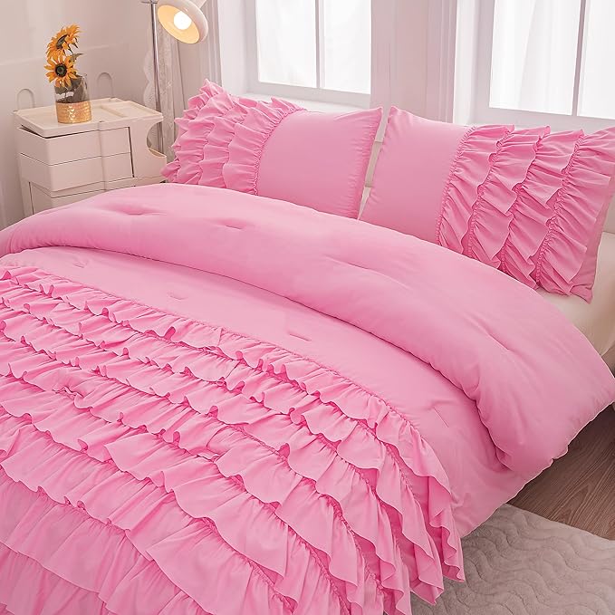 Pink Comforter Set Queen Size, 5 Pcs Bed in a Bag Girls Queen, Girls Queen Comforter Set, Girls Pink Bedding Queen, Teen Bedding Sets for Girls Kids - LeafyLoom
