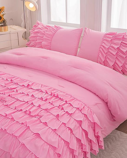 Pink Ruffle Comforter Set Twin, Girls Comforter Set Twin, Princess Comforter Set Twin, Pink Twin Bed Set for Girls, Kids Teen Girls Bedding Sets with 2 Pillowcases - LeafyLoom