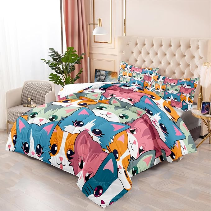 Cat Comforter Set for Girls - Balck Neon Cartoon Cats Bedding Set for Girls Bedroom Ultra Soft Cats Queen Size Comforter Set for All-Season with 1 Comforter and 2 Pillowcases Girls Room Decor - LeafyLoom