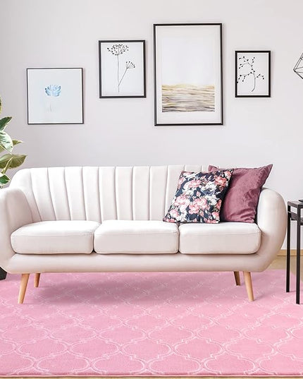 Chicrug Shag Geometric Modern Area Rug for Living Room, 7x10 Feet Large Memory Foam Indoor Carpet, Fluffy Rug for Bedroom Bedside Room Decor for Family Girls Kids Nursery, Pink/White - LeafyLoom