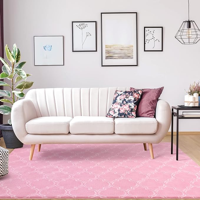 Chicrug Shag Geometric Modern Area Rug for Living Room, 7x10 Feet Large Memory Foam Indoor Carpet, Fluffy Rug for Bedroom Bedside Room Decor for Family Girls Kids Nursery, Pink/White - LeafyLoom
