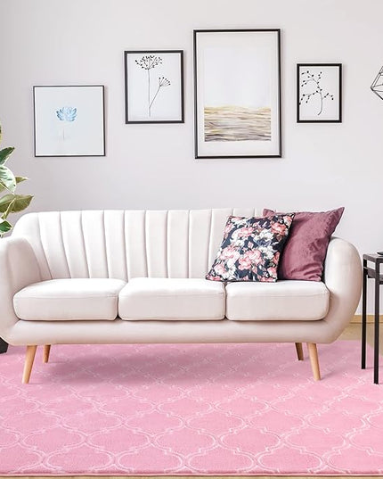 Chicrug Shag Geometric Modern Area Rug for Bedroom, 6x9 Feet Memory Foam Indoor Carpet, Fluffy Rug for Living Room Bedside Room Decor for Family Girls Kids Nursery Play Mat, Pink/White - LeafyLoom