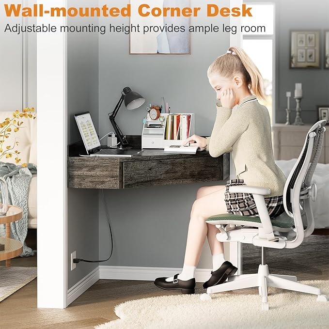 armocity Floating Corner Desk with Outlets & USB Ports, Wall-Mounted Corner Table for Small Space, Triangle Computer Desk with Drawer for Home Office, Vanity Desk, Corner Space, Bedroom, Gray - LeafyLoom