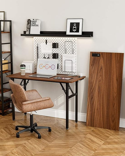 Frylr Small Foldable Desk 43.3''X 19.6''X 29.5'',Foldable Table with 2 Power Sockets and 2.1A USB Charging Ports, Folding Computer Desk for Home Office, No Install Needed, Walnut + Black Leg - LeafyLoom