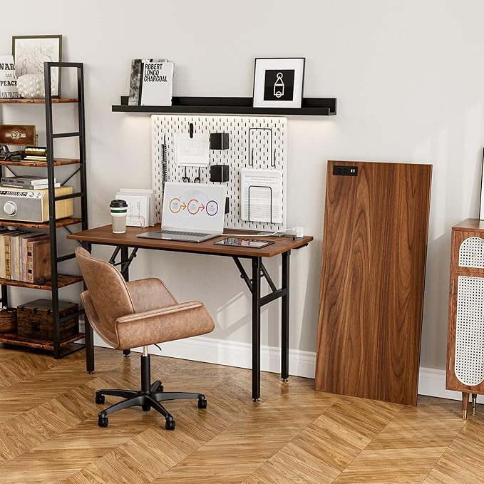 Frylr Small Foldable Desk 43.3''X 19.6''X 29.5'',Foldable Table with 2 Power Sockets and 2.1A USB Charging Ports, Folding Computer Desk for Home Office, No Install Needed, Walnut + Black Leg - LeafyLoom