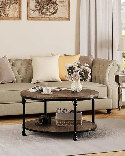 GAOMON Round Coffee Table Living Room 34.25in Rustic Circle Center Table with Storage Shelf 2-Tier Modern Wood Coffee Table Metal Frame, Easy Assembly(Light Walnut) - LeafyLoom