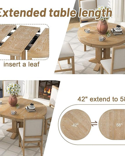 Farmhouse 5-Piece Dining Set, Included Retro Extendable Round Table with X-Shape Base and 4 Upholstered Chairs, Solid Wood Adjustable Dinette Furniture for Kitchen Living Room, Natural - LeafyLoom