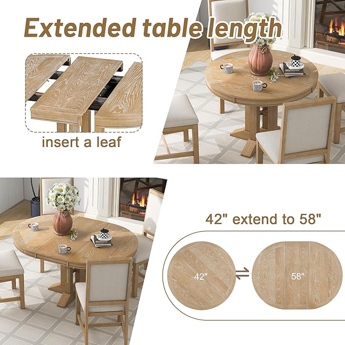 Farmhouse 5-Piece Dining Set, Included Retro Extendable Round Table with X-Shape Base and 4 Upholstered Chairs, Solid Wood Adjustable Dinette Furniture for Kitchen Living Room, Natural - LeafyLoom