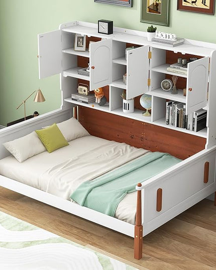 Twin Size Platform Bed with Multiple Storage, No Box Spring Required,Easy to Assemble,Wood Bed Frame for Bedroom/Apartment/Guest-Room,White+Walnut - LeafyLoom