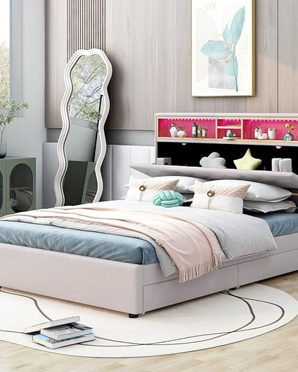 Full Size Bed Frame with LED Headboard, USB Charging, Upholstered Platform Bed with Storage Drawers and Headboard, No Box Spring Needed, Beige - LeafyLoom