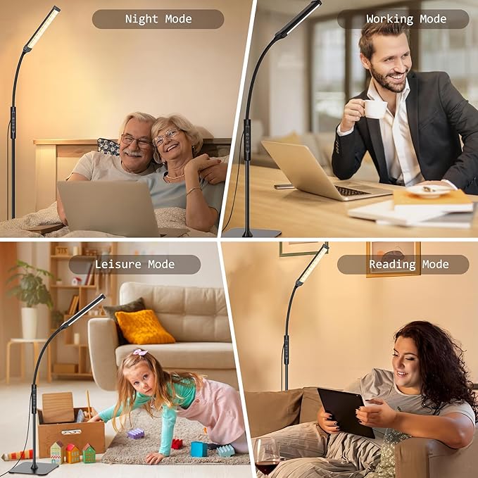 LED Floor Lamp, Bright Floor Lamps for Living Room, Dimmable 3 Color Modes 3000K-6000K & 10 Brightness Standing Lamp, Gooseneck Reading Lamp with Remote Button & Touch Control for Bedroom - LeafyLoom