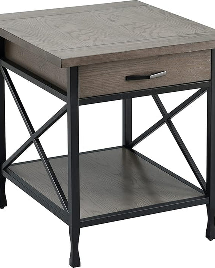 Leick Home 23007 Chisel & Forge One Drawer X Design Mixed Metal and Wood Side Table with Shelf, Smoke Gray and Matte Black, 22 in x 24 in x 24 in - LeafyLoom