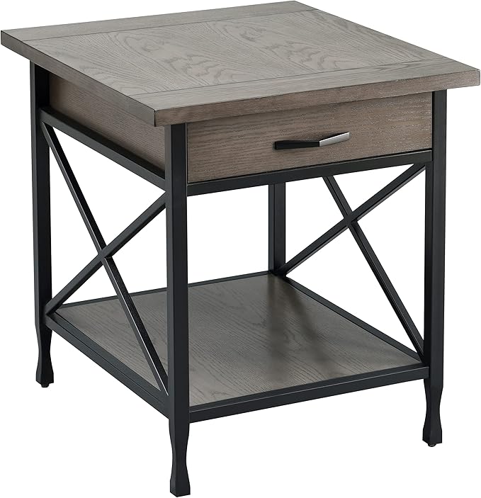 Leick Home 23007 Chisel & Forge One Drawer X Design Mixed Metal and Wood Side Table with Shelf, Smoke Gray and Matte Black, 22 in x 24 in x 24 in - LeafyLoom