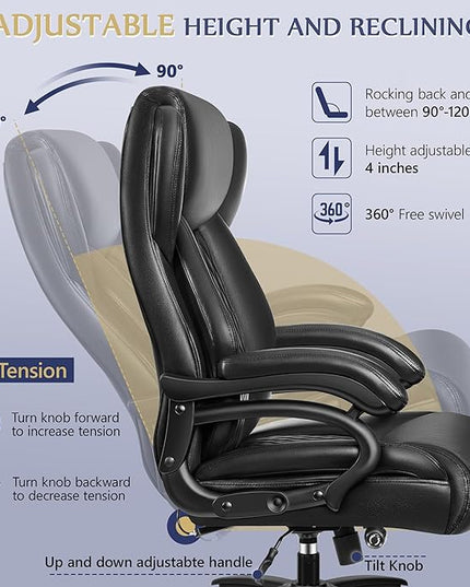 Big and Tall Office Chair 500lbs, Heavy Duty Executive Desk Chair with Adjustable Lumbar Support, Comfy Padded Cushion, Ergonomic PU Leather Home Computer Chair with Extra Wide Seat, Black - LeafyLoom