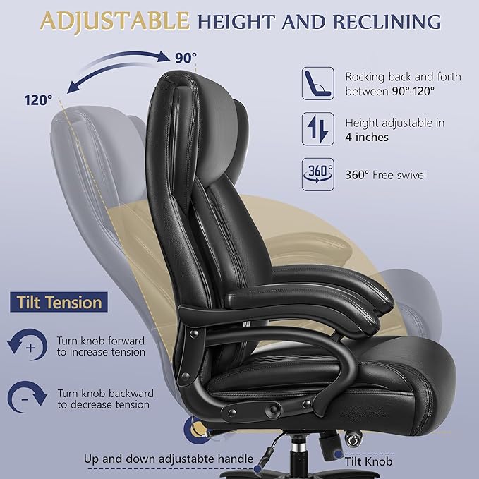 Big and Tall Office Chair 500lbs, Heavy Duty Executive Desk Chair with Adjustable Lumbar Support, Comfy Padded Cushion, Ergonomic PU Leather Home Computer Chair with Extra Wide Seat, Black - LeafyLoom