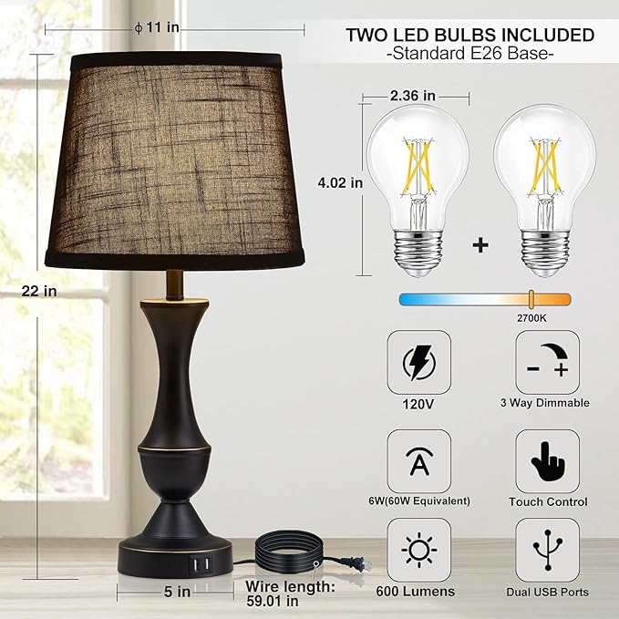 Luvkczc Table Lamps for Bedrooms Set of 2, Bedside Touch Lamps with USB C+A Charging Ports, Touch Bedside Lamps, Black Nightstand Lamps for Living Room, Bedroom, Office, LED Bulbs Included - LeafyLoom
