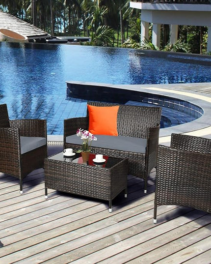Goplus 4-Piece Rattan Patio Set, Outdoor/Indoor Wicker Conversation Set for Pool, Backyard, Lawn, Wicker Chairs and Sofa with Soft Cushion, Rattan Furniture with Tempered Glass Coffee Table - LeafyLoom