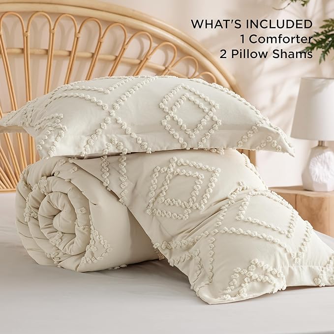 Bedsure Boho Comforter Set King - Mineral Blue Tufted Bedding Comforter Set, 3 Pieces Farmhouse Shabby Chic Embroidery Bedding Set, Soft Geometric Pattern Comforter for All Seasons - LeafyLoom