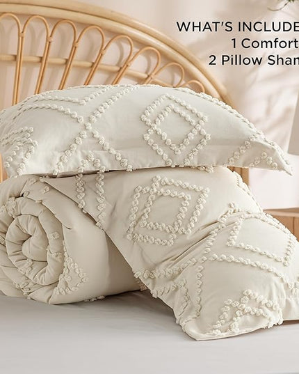 Bedsure Boho Comforter Set Queen - Beige Tufted Bedding Comforter Set, 3 Pieces Farmhouse Shabby Chic Embroidery Bedding Set, Soft Geometric Pattern Comforter for All Seasons - LeafyLoom
