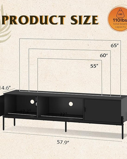 WLIVE Modern TV Stand for 65 Inch TV, Mid Century Entainment Center with Storage, TV Console with Open Shelf and 2 Cabinets for Bedroom and Living Room, TV Cabinet with Metal Legs, Black - LeafyLoom