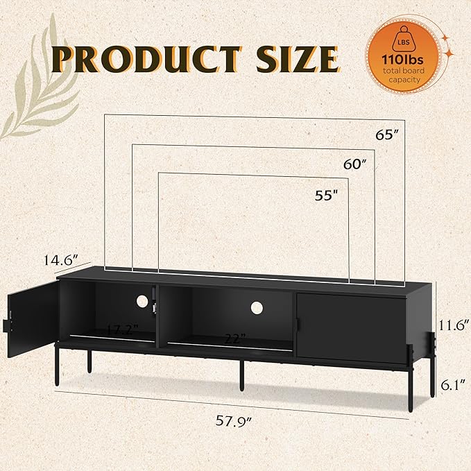 WLIVE Modern TV Stand for 65 Inch TV, Mid Century Entainment Center with Storage, TV Console with Open Shelf and 2 Cabinets for Bedroom and Living Room, TV Cabinet with Metal Legs, Black - LeafyLoom