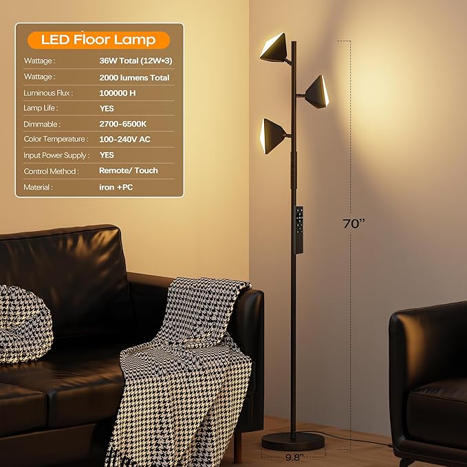 RGBCW Floor Lamp, 36W Color Changing LED Tree Floor Lamp, Stepless Dimmable Tall Standing Lamp with Remote & Touch Control, 2700K-6500K Modern Floor Lamps for Living Room, Bedroom, Gaming Room,Office - LeafyLoom