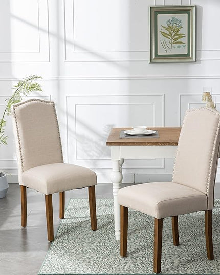 Stylish Upholstered Parsons Nailhead Trim and Sturdy Solid Wood Legs Dining Chairs, Set of 6, Cream - LeafyLoom