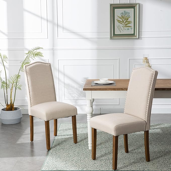 Stylish Upholstered Parsons Nailhead Trim and Sturdy Solid Wood Legs Dining Chairs, Set of 6, Cream - LeafyLoom