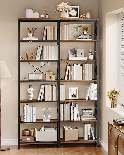 YITAHOME 7 Tier Corner Bookshelf Reversible Bookcase, Tall Bookshelf Display Rack Shelf with Metal Frame for Living Room, Bedroom, Home Office, Rustic Brown - LeafyLoom