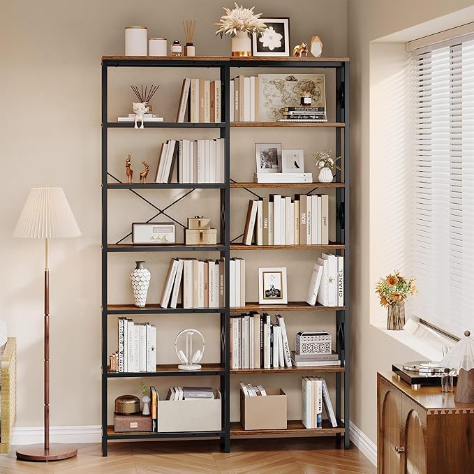 YITAHOME 7 Tier Corner Bookshelf Reversible Bookcase, Tall Bookshelf Display Rack Shelf with Metal Frame for Living Room, Bedroom, Home Office, Rustic Brown - LeafyLoom