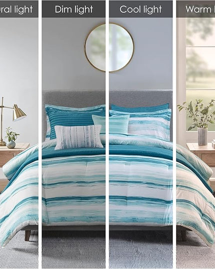 Madison Park Marina Comforter Quilt Combo Set - Modern Luxury Design, All Season Down Alternative Bedding, Matching Shams, Decorative Pillows, Full/Queen(90"x90"), Aqua 8 Piece - LeafyLoom