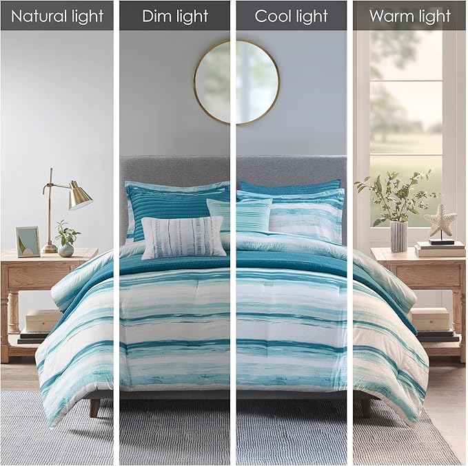 Madison Park Marina Comforter Quilt Combo Set - Modern Luxury Design, All Season Down Alternative Bedding, Matching Shams, Decorative Pillows, Full/Queen(90"x90"), Aqua 8 Piece - LeafyLoom
