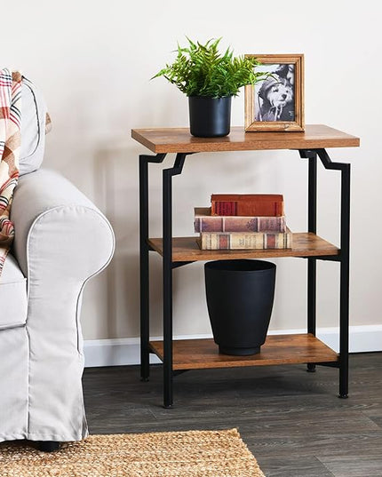 Household Essentials Crown Narrow 3 Shelf Open Storage Bookshelf Rustic Hickory Wood Grain and Black Metal - LeafyLoom