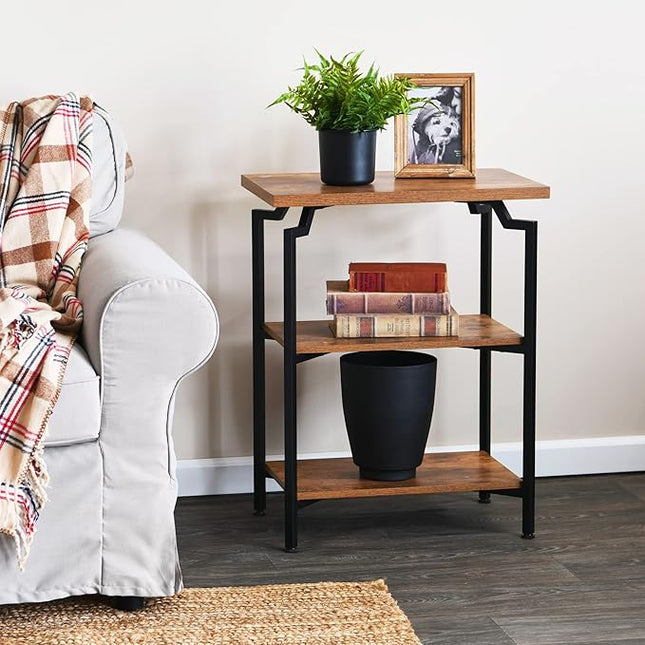 Household Essentials Crown Narrow 3 Shelf Open Storage Bookshelf Rustic Hickory Wood Grain and Black Metal - LeafyLoom