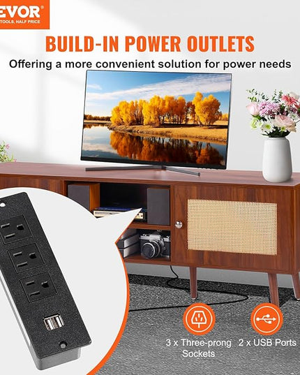 VEVOR Rattan TV Stand, Mid Century Modern TV Stand for 65 inch TV, Boho Rattan TV Cabinet with Build-in Socket and USB Ports, Adjustable Shelfs for Living Room, Media Room, Walnut - LeafyLoom