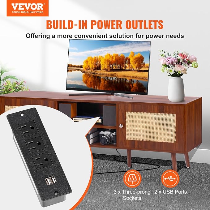 VEVOR Rattan TV Stand, Mid Century Modern TV Stand for 65 inch TV, Boho Rattan TV Cabinet with Build-in Socket and USB Ports, Adjustable Shelfs for Living Room, Media Room, Walnut - LeafyLoom