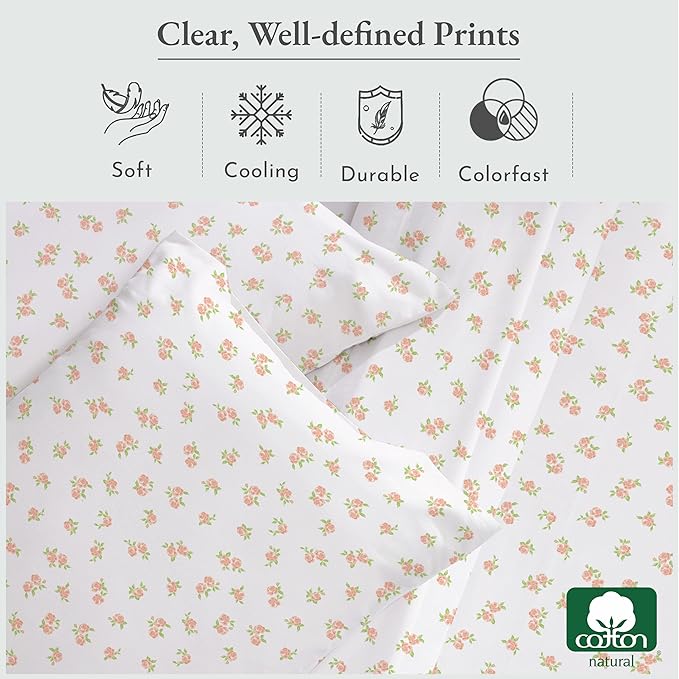 California Design Den King Floral Sheet Set, 4 Pc 100% Cotton Sateen Sheets King Size Sheets Set Deep Pockets & Pillowcase Set - Chic Floral - LeafyLoom