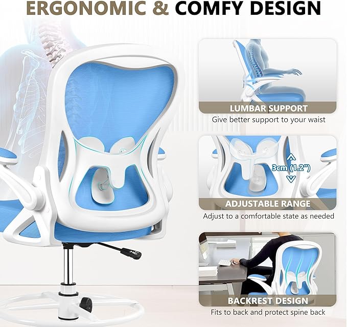 Drafting Chair, Tall Office Chair Ergonomic Standing Desk chair, Lumbar Support Computer Chair Swivel Task Rolling Chair with Adjustable Flip-up Armrests & Foot Ring (Sky Blue) - LeafyLoom