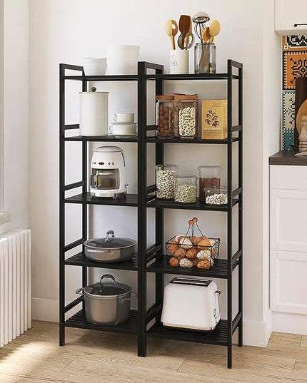 5 Tier Narrow Bookshelf, Bamboo Bookcase, Slim Tall Storage Rack Free Standing Shelving Unit with Adjustable Shelves for Living Room Bedroom Bathroom, Black - LeafyLoom